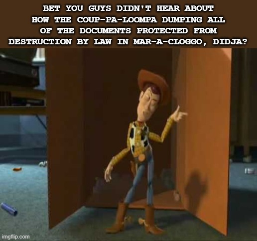 cheeky woody | BET YOU GUYS DIDN'T HEAR ABOUT HOW THE COUP-PA-LOOMPA DUMPING ALL OF THE DOCUMENTS PROTECTED FROM DESTRUCTION BY LAW IN MAR-A-CLOGGO, DIDJA? | image tagged in cheeky woody,trump,maga,republicans,fraud,oops | made w/ Imgflip meme maker