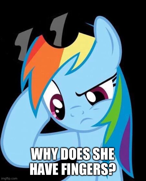 Confused Rainbow Dash | WHY DOES SHE HAVE FINGERS? | image tagged in confused rainbow dash | made w/ Imgflip meme maker