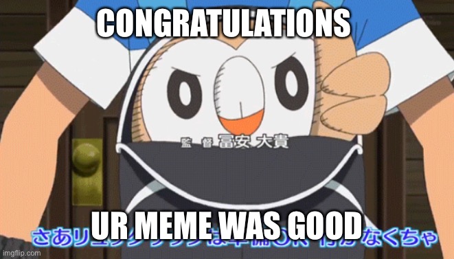 Rowlet Approves | CONGRATULATIONS; UR MEME WAS GOOD | image tagged in rowlet approves | made w/ Imgflip meme maker