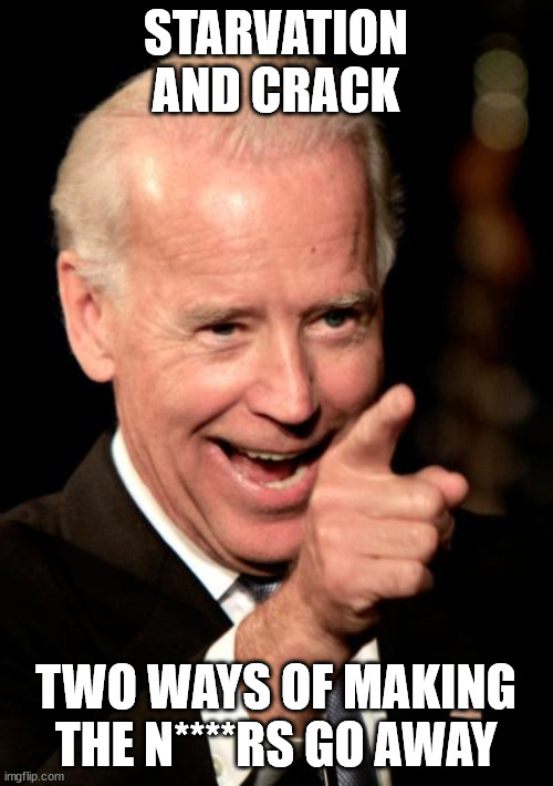 Smilin Biden Meme | STARVATION AND CRACK TWO WAYS OF MAKING THE N****RS GO AWAY | image tagged in memes,smilin biden | made w/ Imgflip meme maker