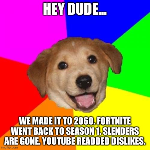 The Future of the Internet…? |  HEY DUDE…; WE MADE IT TO 2060. FORTNITE WENT BACK TO SEASON 1. SLENDERS ARE GONE. YOUTUBE READDED DISLIKES. | image tagged in memes,advice dog | made w/ Imgflip meme maker
