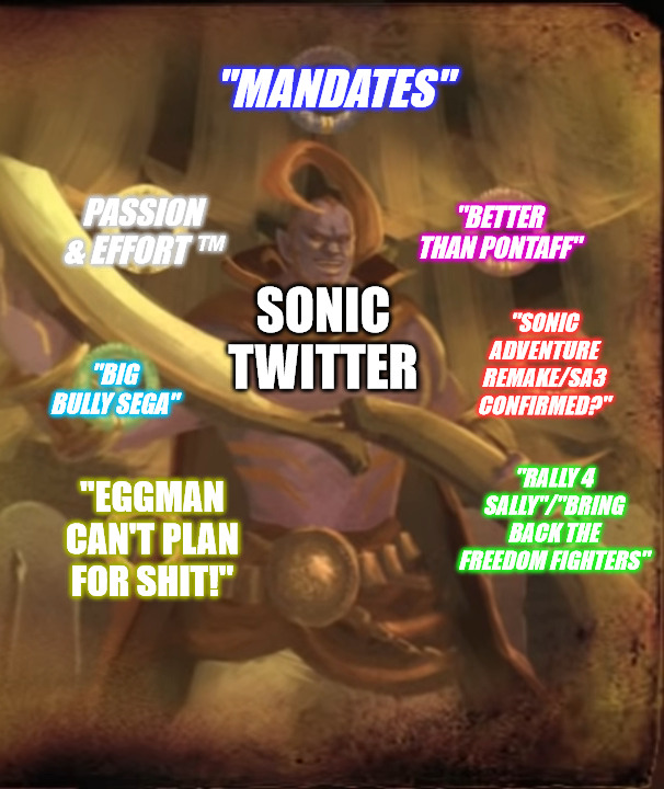 Seven Tweets in Hand | "MANDATES"; PASSION & EFFORT ™; "BETTER THAN PONTAFF"; SONIC TWITTER; "SONIC ADVENTURE REMAKE/SA3 CONFIRMED?"; "BIG BULLY SEGA"; "RALLY 4 SALLY"/"BRING BACK THE FREEDOM FIGHTERS"; "EGGMAN CAN'T PLAN FOR SHIT!" | image tagged in sonic the hedgehog,erazor djinn | made w/ Imgflip meme maker
