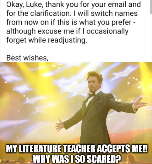 MY LITERATURE TEACHER ACCEPTS ME!!
WHY WAS I SO SCARED? | image tagged in tony stark success | made w/ Imgflip meme maker