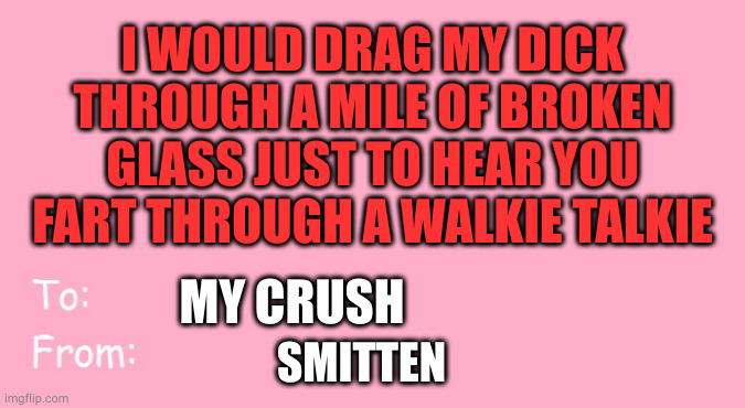 A cure for VD | I WOULD DRAG MY DICK THROUGH A MILE OF BROKEN GLASS JUST TO HEAR YOU FART THROUGH A WALKIE TALKIE; MY CRUSH; SMITTEN | image tagged in valentine's day card meme | made w/ Imgflip meme maker