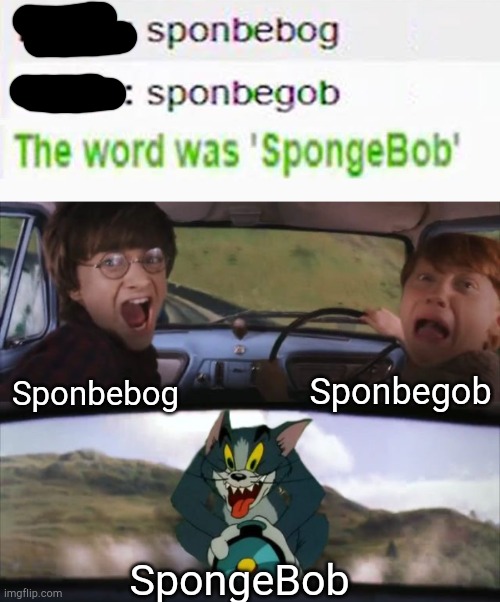 If you didn't know the word... | Sponbegob; Sponbebog; SpongeBob | image tagged in tom chasing harry and ron weasly,funny,memes,ihadastroke | made w/ Imgflip meme maker