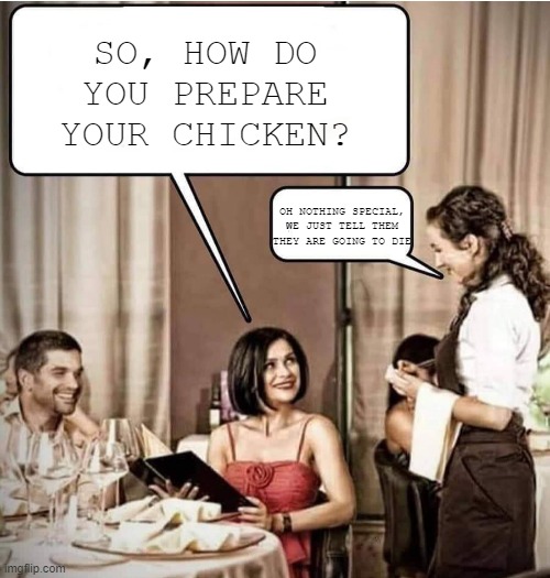 Soothing | SO, HOW DO YOU PREPARE YOUR CHICKEN? OH NOTHING SPECIAL, WE JUST TELL THEM THEY ARE GOING TO DIE | image tagged in waiter restaurant order | made w/ Imgflip meme maker
