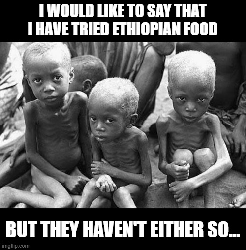 No Food | I WOULD LIKE TO SAY THAT I HAVE TRIED ETHIOPIAN FOOD; BUT THEY HAVEN'T EITHER SO... | image tagged in starving africans | made w/ Imgflip meme maker