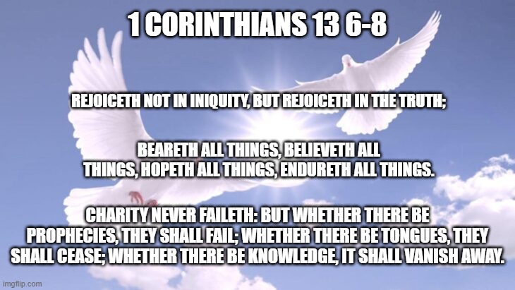 Scripture | 1 CORINTHIANS 13 6-8; REJOICETH NOT IN INIQUITY, BUT REJOICETH IN THE TRUTH;; BEARETH ALL THINGS, BELIEVETH ALL THINGS, HOPETH ALL THINGS, ENDURETH ALL THINGS. CHARITY NEVER FAILETH: BUT WHETHER THERE BE PROPHECIES, THEY SHALL FAIL; WHETHER THERE BE TONGUES, THEY SHALL CEASE; WHETHER THERE BE KNOWLEDGE, IT SHALL VANISH AWAY. | image tagged in scriptures | made w/ Imgflip meme maker