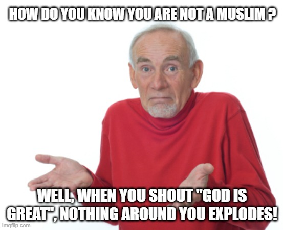 What a Relief | HOW DO YOU KNOW YOU ARE NOT A MUSLIM ? WELL, WHEN YOU SHOUT "GOD IS GREAT", NOTHING AROUND YOU EXPLODES! | image tagged in guess i'll die | made w/ Imgflip meme maker