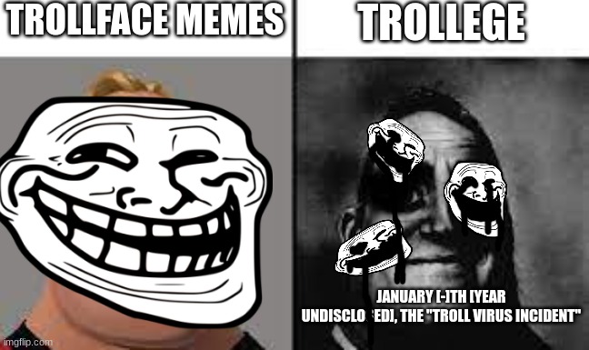 Trollface | TROLLFACE MEMES; TROLLEGE; JANUARY [-]TH [YEAR UNDISCLOSED], THE "TROLL VIRUS INCIDENT" | image tagged in normal and dark mr incredibles | made w/ Imgflip meme maker