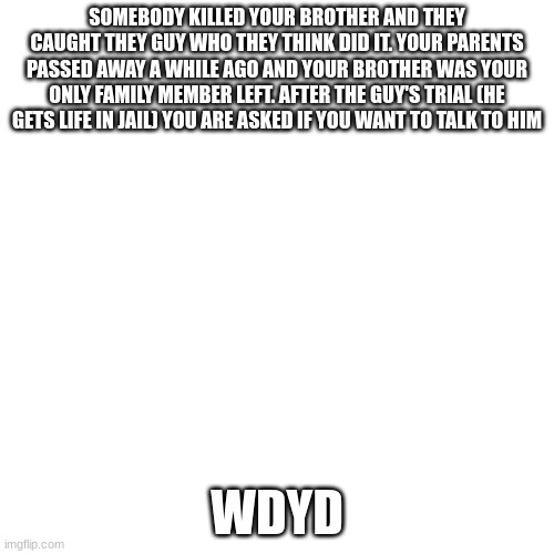 Blank Transparent Square | SOMEBODY KILLED YOUR BROTHER AND THEY CAUGHT THEY GUY WHO THEY THINK DID IT. YOUR PARENTS PASSED AWAY A WHILE AGO AND YOUR BROTHER WAS YOUR ONLY FAMILY MEMBER LEFT. AFTER THE GUY'S TRIAL (HE GETS LIFE IN JAIL) YOU ARE ASKED IF YOU WANT TO TALK TO HIM; WDYD | image tagged in memes,blank transparent square | made w/ Imgflip meme maker