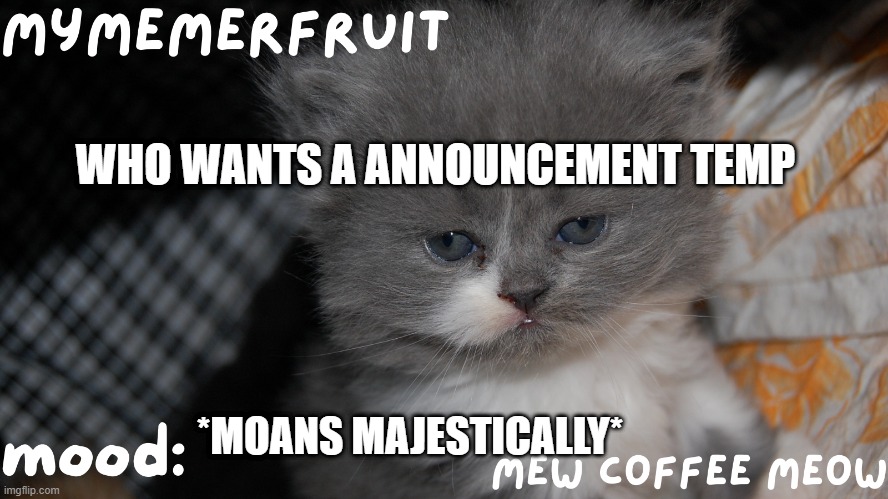 MyMemerFruit Temp 1 | WHO WANTS A ANNOUNCEMENT TEMP; *MOANS MAJESTICALLY* | image tagged in mymemerfruit temp 1 | made w/ Imgflip meme maker
