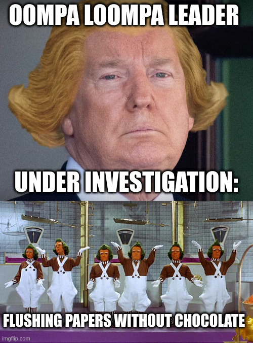 He would argue it was the best tasting chocolate ever!! | OOMPA LOOMPA LEADER; UNDER INVESTIGATION:; FLUSHING PAPERS WITHOUT CHOCOLATE | image tagged in oompa loompas,rumpt,treason,hiding,truth | made w/ Imgflip meme maker
