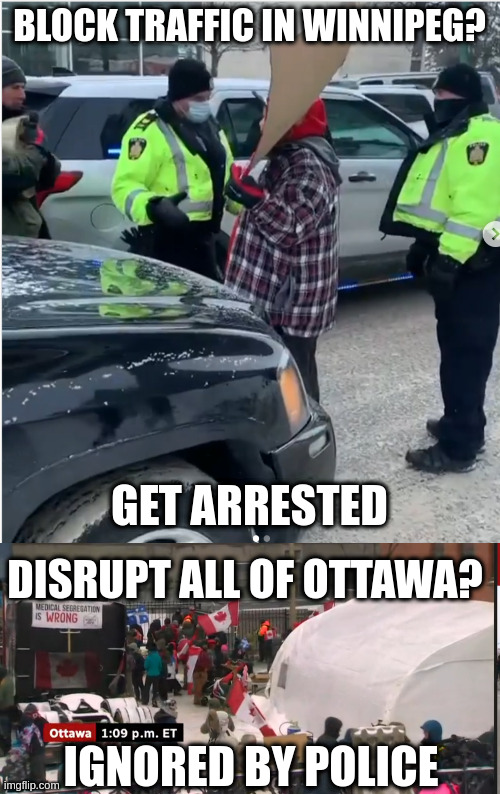You need to be indigenous to get arrested | BLOCK TRAFFIC IN WINNIPEG? GET ARRESTED; DISRUPT ALL OF OTTAWA? IGNORED BY POLICE | image tagged in covid,idiocy,blockade | made w/ Imgflip meme maker
