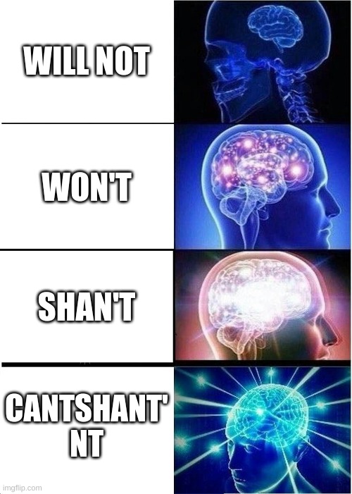 The more u know | WILL NOT; WON'T; SHAN'T; CANTSHANT' NT | image tagged in memes,expanding brain | made w/ Imgflip meme maker