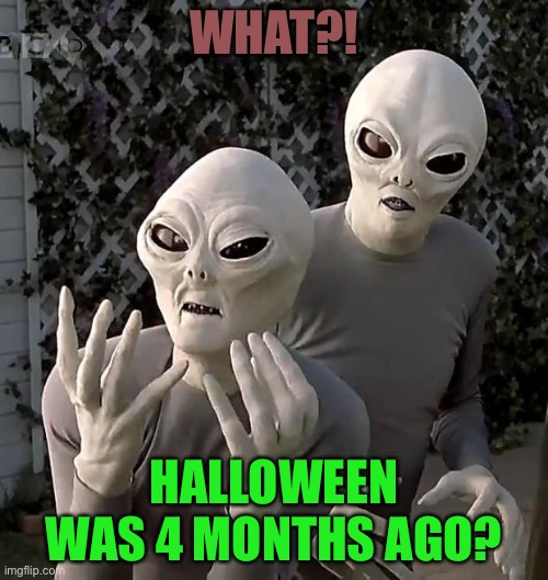 Aliens | WHAT?! HALLOWEEN WAS 4 MONTHS AGO? | image tagged in aliens | made w/ Imgflip meme maker