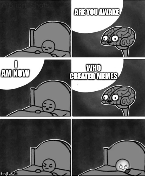 Brain asking if you were awake | ARE YOU AWAKE; I AM NOW; WHO CREATED MEMES | image tagged in brain asking if you were awake | made w/ Imgflip meme maker
