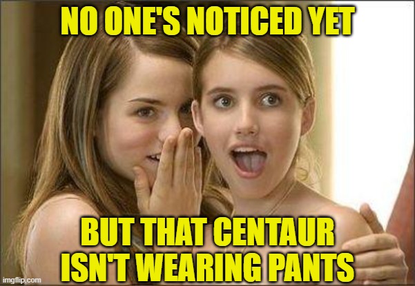 Girls gossiping | NO ONE'S NOTICED YET BUT THAT CENTAUR ISN'T WEARING PANTS | image tagged in girls gossiping | made w/ Imgflip meme maker