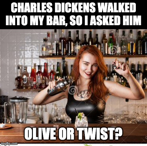 Dickens of a pun | CHARLES DICKENS WALKED INTO MY BAR, SO I ASKED HIM; OLIVE OR TWIST? | image tagged in inquisitive bartender | made w/ Imgflip meme maker