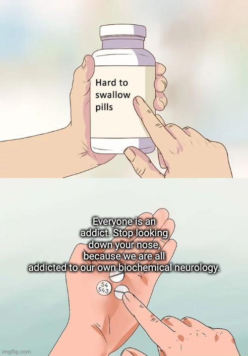 psa | Everyone is an addict. Stop looking down your nose, because we are all addicted to our own biochemical neurology. | image tagged in memes,hard to swallow pills | made w/ Imgflip meme maker