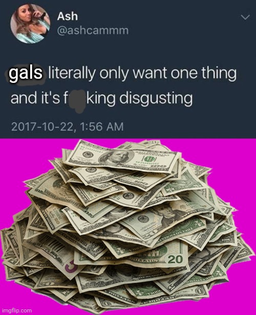 gals | image tagged in guys only want one thing,pile of money | made w/ Imgflip meme maker