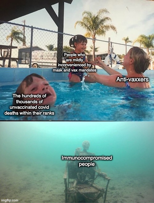 Mother Ignoring Kid Drowning In A Pool | People who are mildly inconvenienced by mask and vax mandates; Anti-vaxxers; The hundreds of thousands of unvaccinated covid deaths within their ranks; Immunocompromised people | image tagged in mother ignoring kid drowning in a pool,covid-19,vaccines,canada,ottawa | made w/ Imgflip meme maker