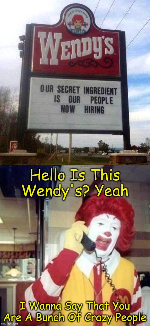 Excuse Me What The F*ck |  Hello Is This Wendy's? Yeah; I Wanna Say That You Are A Bunch Of Crazy People | image tagged in wendy's sign,ronald mcdonald temp,wendy's,memes,wtf | made w/ Imgflip meme maker