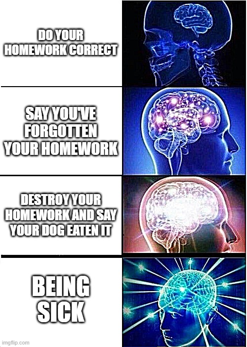 Expanding Brain | DO YOUR HOMEWORK CORRECT; SAY YOU'VE FORGOTTEN YOUR HOMEWORK; DESTROY YOUR HOMEWORK AND SAY YOUR DOG EATEN IT; BEING SICK | image tagged in memes,expanding brain | made w/ Imgflip meme maker