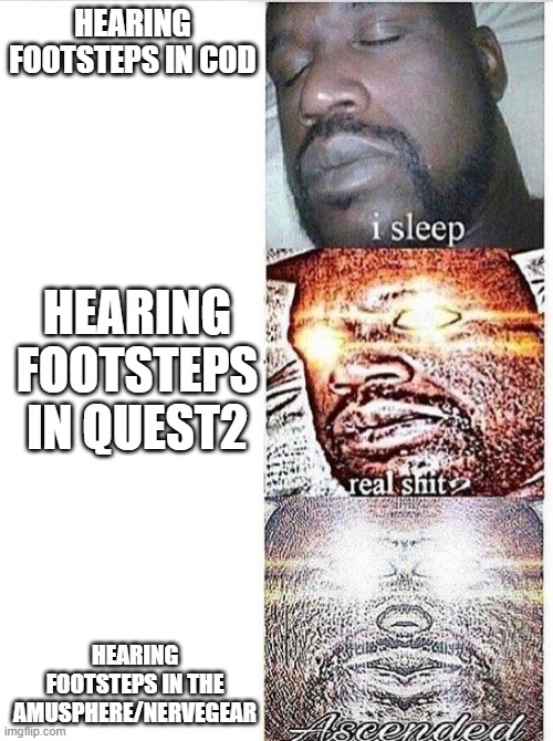 Hearing footsteps in sword art online | HEARING FOOTSTEPS IN COD; HEARING FOOTSTEPS IN QUEST2; HEARING FOOTSTEPS IN THE AMUSPHERE/NERVEGEAR | image tagged in i sleep meme with ascended template | made w/ Imgflip meme maker