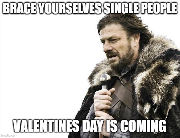 Brace Yourselves X is Coming | BRACE YOURSELVES SINGLE PEOPLE; VALENTINES DAY IS COMING | image tagged in memes,brace yourselves x is coming | made w/ Imgflip meme maker