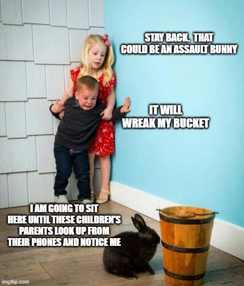 Electronic babysitters distract your parents.  Raise yourselves | STAY BACK.  THAT COULD BE AN ASSAULT BUNNY; IT WILL WREAK MY BUCKET; I AM GOING TO SIT HERE UNTIL THESE CHILDREN'S PARENTS LOOK UP FROM THEIR PHONES AND NOTICE ME | image tagged in children scared of rabbit,raise yourselves,electronic babysitters for parents,assault bunny,protect your bucket,lil help | made w/ Imgflip meme maker