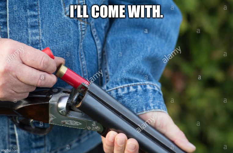 Man loading Shotgun | I’LL COME WITH. | image tagged in man loading shotgun | made w/ Imgflip meme maker