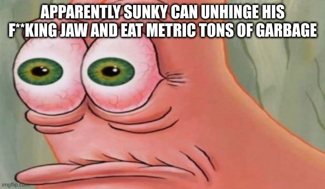 as seen in sunky the comic | APPARENTLY SUNKY CAN UNHINGE HIS F**KING JAW AND EAT METRIC TONS OF GARBAGE | image tagged in patrick stare | made w/ Imgflip meme maker