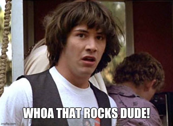 Bill and Ted whoa | WHOA THAT ROCKS DUDE! | image tagged in bill and ted whoa | made w/ Imgflip meme maker