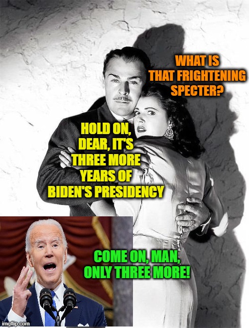 One Year In, Biden Urges Stoic-like Patience | WHAT IS THAT FRIGHTENING SPECTER? HOLD ON, DEAR, IT'S THREE MORE YEARS OF BIDEN'S PRESIDENCY; COME ON, MAN, ONLY THREE MORE! | image tagged in joe biden,presidency,specter | made w/ Imgflip meme maker