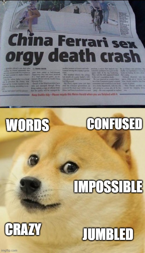 The Hell? | CONFUSED; WORDS; IMPOSSIBLE; CRAZY; JUMBLED | image tagged in memes,doge | made w/ Imgflip meme maker