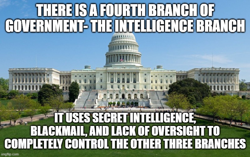 Wake UP! | THERE IS A FOURTH BRANCH OF GOVERNMENT- THE INTELLIGENCE BRANCH; IT USES SECRET INTELLIGENCE, BLACKMAIL, AND LACK OF OVERSIGHT TO COMPLETELY CONTROL THE OTHER THREE BRANCHES | image tagged in capitol hill | made w/ Imgflip meme maker