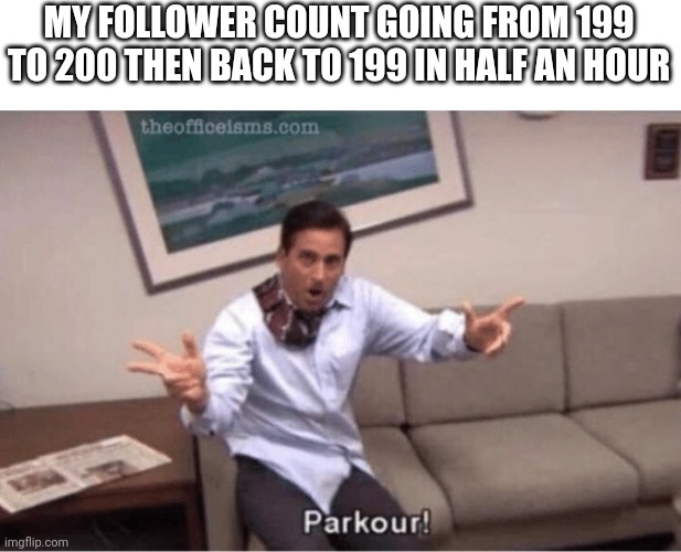 parkour! | MY FOLLOWER COUNT GOING FROM 199 TO 200 THEN BACK TO 199 IN HALF AN HOUR | image tagged in parkour | made w/ Imgflip meme maker