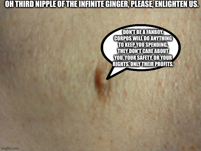 care | OH THIRD NIPPLE OF THE INFINITE GINGER, PLEASE, ENLIGHTEN US. DON'T BE A FANBOY. CORPOS WILL DO ANYTHING TO KEEP YOU SPENDING. THEY DON'T CARE ABOUT YOU, YOUR SAFETY, OR YOUR RIGHTS, ONLY THEIR PROFITS. | image tagged in sezmos third nipple | made w/ Imgflip meme maker