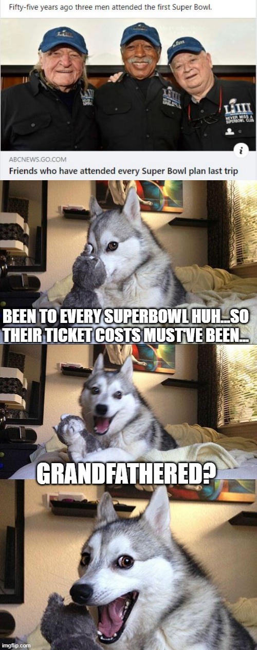 Oh the Price of Admission | BEEN TO EVERY SUPERBOWL HUH...SO THEIR TICKET COSTS MUST'VE BEEN... GRANDFATHERED? | image tagged in memes,bad pun dog | made w/ Imgflip meme maker
