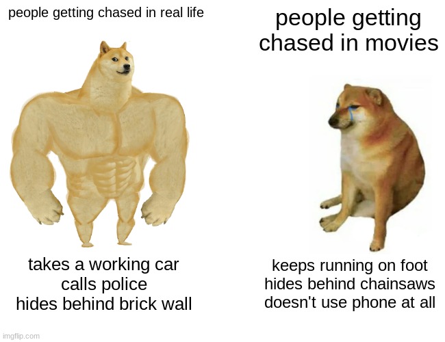 qwefrtnf | people getting chased in real life; people getting chased in movies; takes a working car
calls police
hides behind brick wall; keeps running on foot
hides behind chainsaws
doesn't use phone at all | image tagged in memes,buff doge vs cheems | made w/ Imgflip meme maker