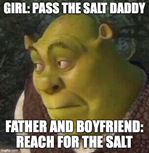 Shrek | GIRL: PASS THE SALT DADDY; FATHER AND BOYFRIEND: REACH FOR THE SALT | image tagged in shrek | made w/ Imgflip meme maker