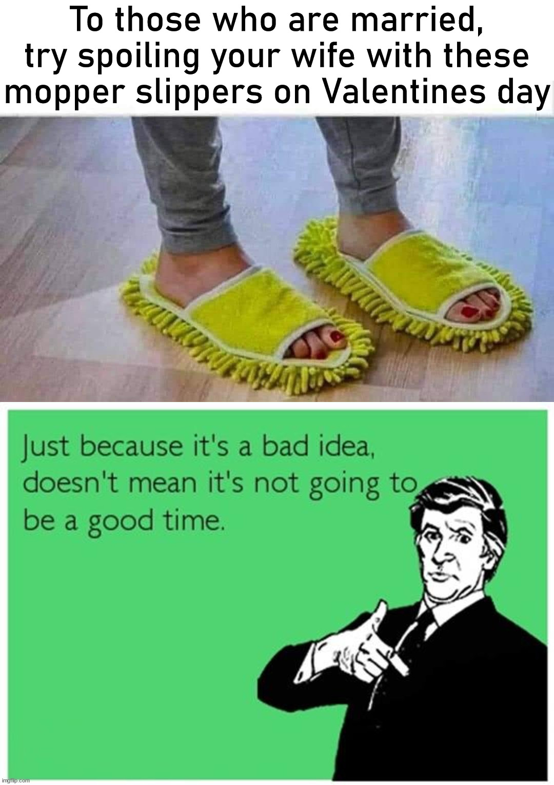 It just might be worth it for that night on the couch. | To those who are married, try spoiling your wife with these mopper slippers on Valentines day | image tagged in happy valentine's day,angry woman | made w/ Imgflip meme maker