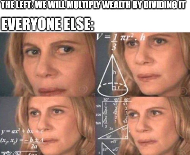 Bad at math... | THE LEFT: WE WILL MULTIPLY WEALTH BY DIVIDING IT; EVERYONE ELSE: | image tagged in math lady/confused lady | made w/ Imgflip meme maker