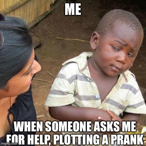 ? | ME; WHEN SOMEONE ASKS ME FOR HELP, PLOTTING A PRANK | image tagged in memes,third world skeptical kid,funny,so true memes | made w/ Imgflip meme maker