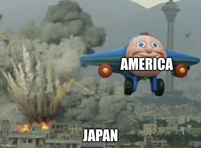 Toy plane bombing city | AMERICA; JAPAN | image tagged in toy plane bombing city | made w/ Imgflip meme maker