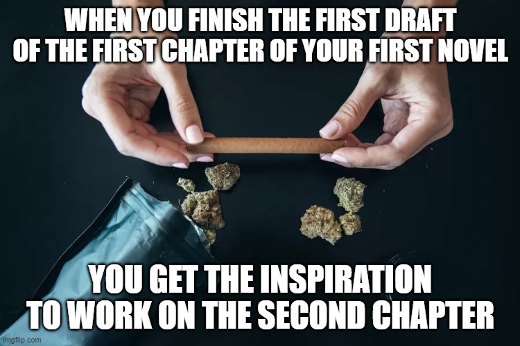 Finding Inspiration | WHEN YOU FINISH THE FIRST DRAFT OF THE FIRST CHAPTER OF YOUR FIRST NOVEL; YOU GET THE INSPIRATION TO WORK ON THE SECOND CHAPTER | image tagged in inspiration | made w/ Imgflip meme maker
