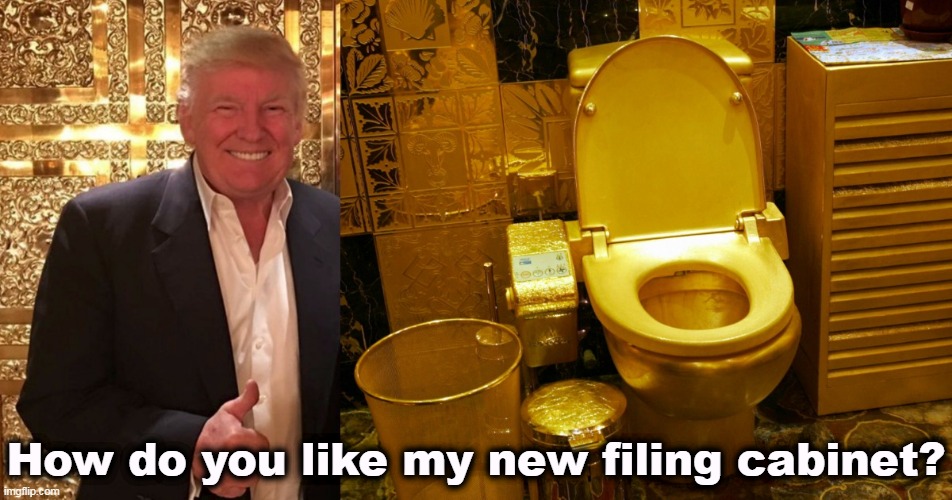 How do you like my new filing cabinet? | image tagged in trump,chewing,classified,papers,toilet | made w/ Imgflip meme maker
