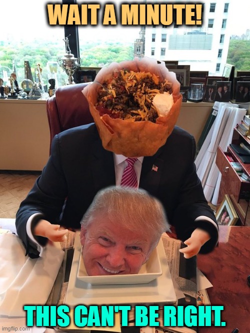 That explains a lot. | WAIT A MINUTE! THIS CAN'T BE RIGHT. | image tagged in taco bowl eats trump,taco,trump,mexican food,headless | made w/ Imgflip meme maker