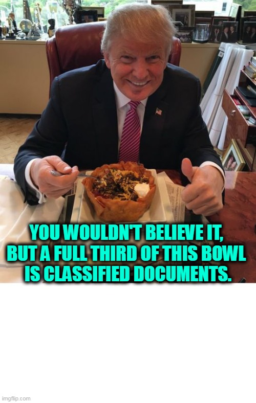 Chew, brothers, chew! Masticate that sucker! | YOU WOULDN'T BELIEVE IT, 
BUT A FULL THIRD OF THIS BOWL 
IS CLASSIFIED DOCUMENTS. | image tagged in trump taco bowl,trump,chewing,secret,papers | made w/ Imgflip meme maker